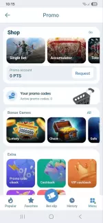 1xBet Promo section with shop, promo codes, bonus games and VIP cashback
