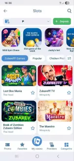 1xBet casino app slots lobby with popular slot games and categories