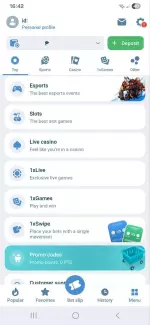 1xBet app main menu with Sports, Esports, Casino and 1xGames sections