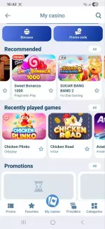 1xBet My casino screen with bonuses, promo code and recommended slot games