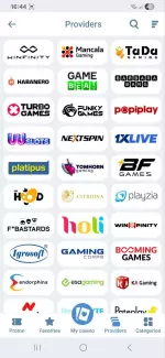 1xBet casino game providers list including Habanero, Turbo Games and Winfinity