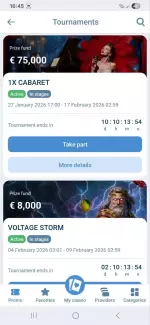 1xBet casino tournaments list with prize funds and countdown timers