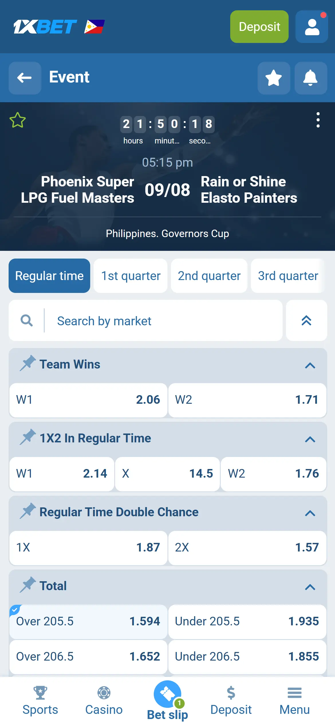 Event page with betting markets: team wins, 1X2, totals