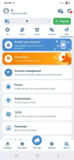 1xBet Other menu with account management, promotions and security options