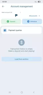 1xBet Account management screen with Deposit and Withdraw buttons