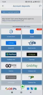 1xBet Account deposits screen listing GCash, PayMaya, bank transfer and GrabPay methods
