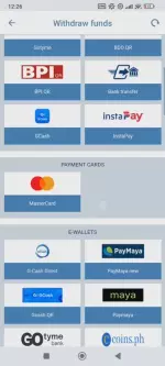 1xBet Withdraw funds screen listing GCash, InstaPay, bank transfer and e-wallet methods