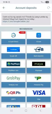 1xBet deposit methods showing GCash, Maya, bank transfer and Visa
